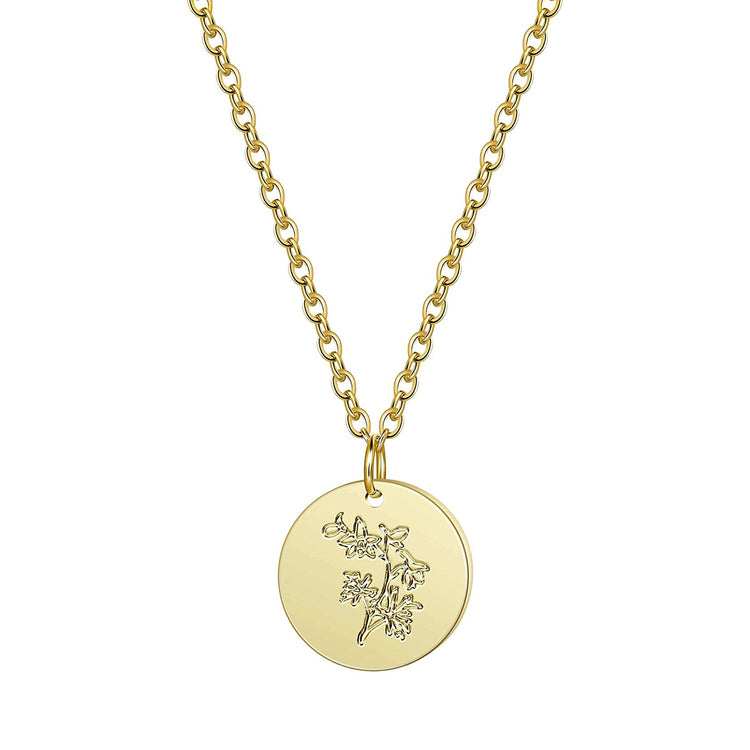 925 Sterling Silver Birth Month Flower Disc Necklace