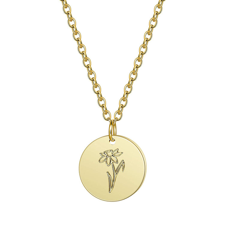 925 Sterling Silver Birth Month Flower Disc Necklace