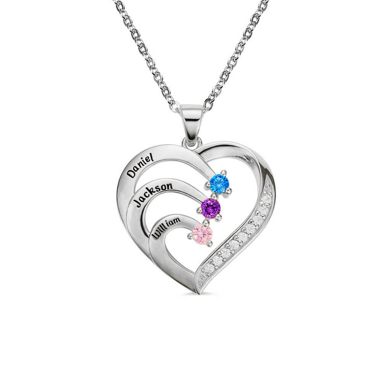 925 Sterling Silver Personalized Name and Birthstone Family Heart Necklace for Mom