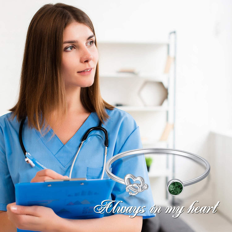 925 Sterling Silver Stethoscope Cuff Bracelet Simulated Birthstone with Crystal