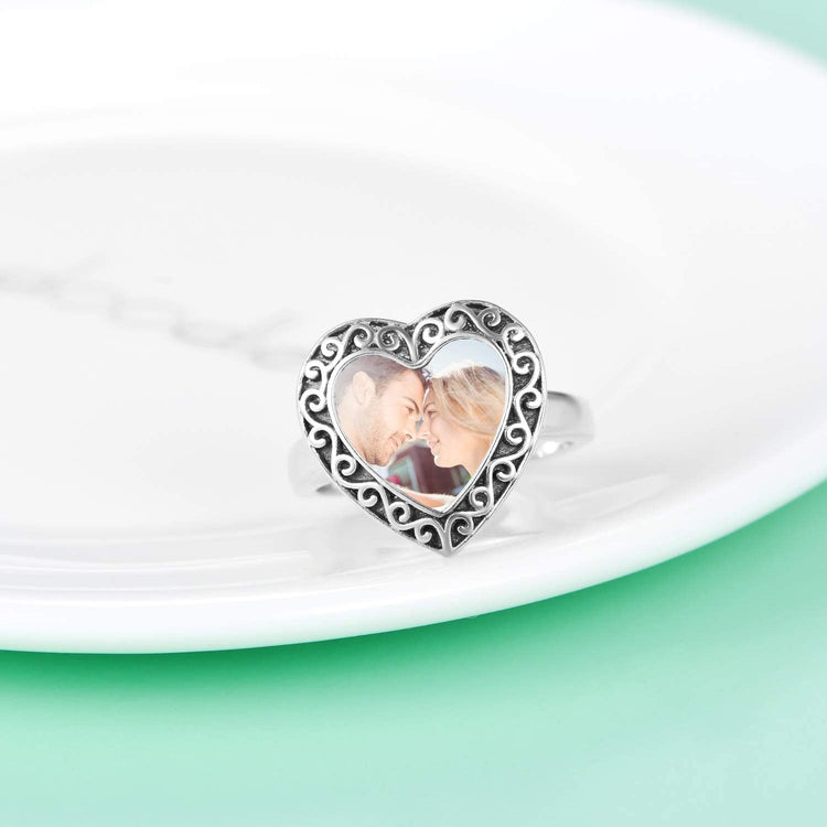 925 Sterling Silver Heart Photo Ring For Pictures