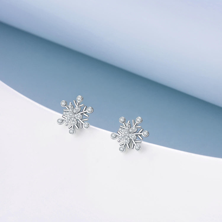925 Sterling Silver Snowflake Stud Earrings With Cubic Zirconia Winter Gift - onlyone