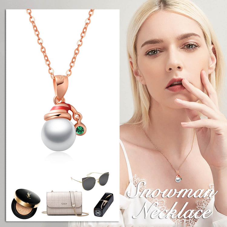 925 Sterling Silver Pearl Snowman Pendant Necklace Christmas Gift - onlyone