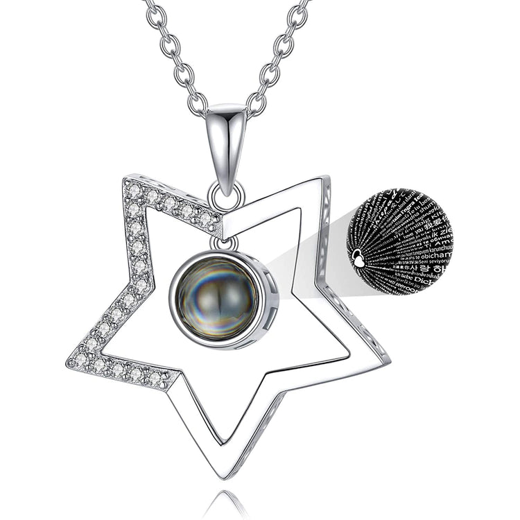 925 Sterling Silver Star  Necklace with 100 Languages I Love You Stone