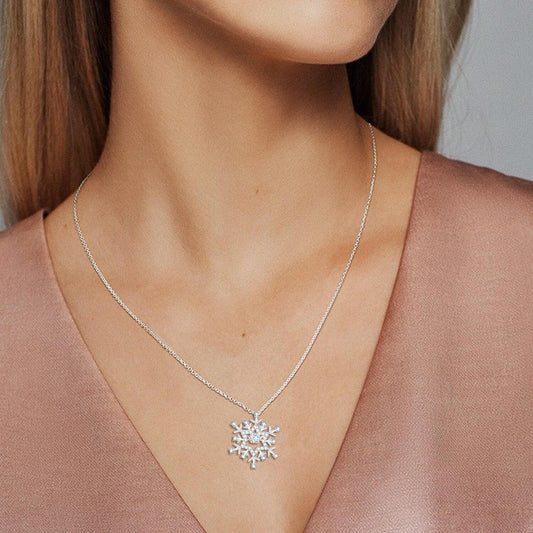 925 Sterling Silver Snowflake Necklace With Cubic Zirconia Christmas Gift - onlyone
