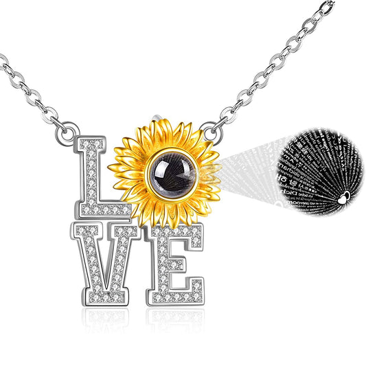 925 Sterling Silver I Love You Necklace 100 Languages Sunflower Love Pendant Crystal Love Memory Projection Necklace