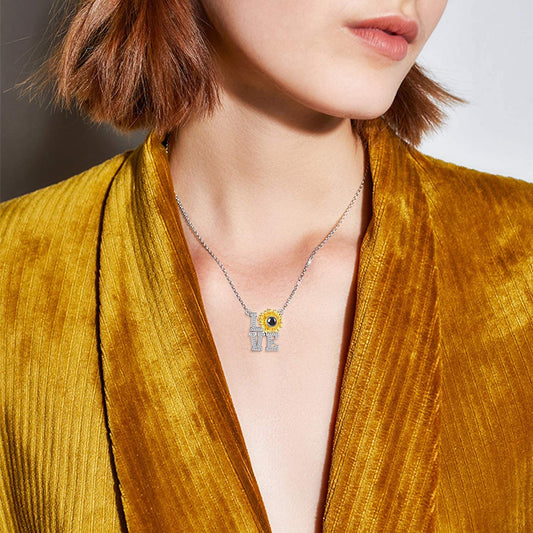 925 Sterling Silver I Love You Necklace 100 Languages Sunflower Love Pendant Crystal Love Memory Projection Necklace