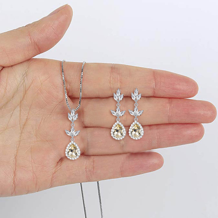 925 Sterling Silver Crystal Leaf Drop Dangle Pendant Necklace Bridal Party Gift - onlyone