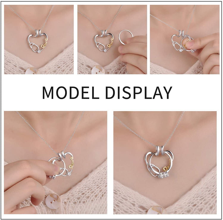 925 Sterling Silver Love Nurse Stethoscope Pendant Ring Holder Necklace