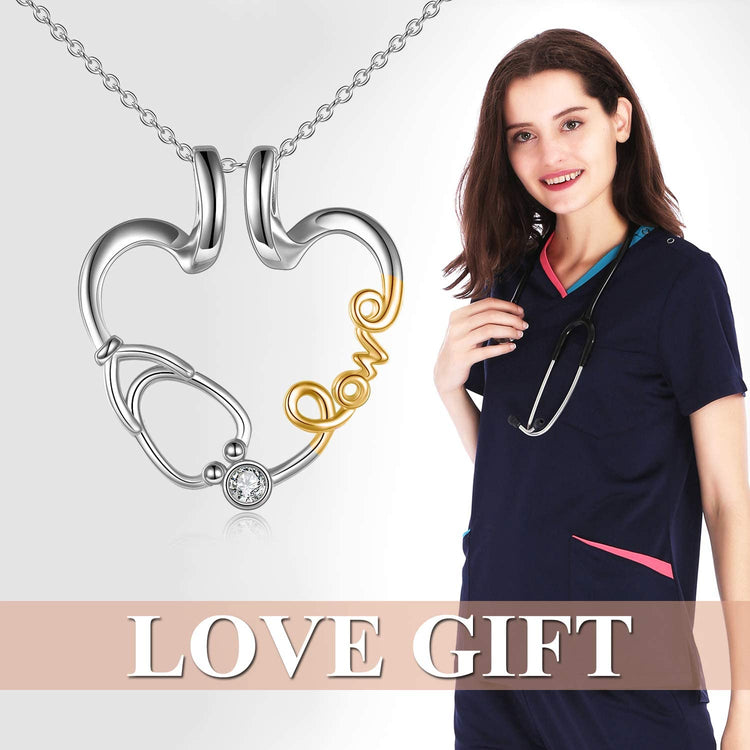 925 Sterling Silver Love Nurse Stethoscope Pendant Ring Holder Necklace