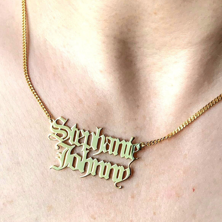 925 Sterling Silver Double Name Necklace In Old English Font