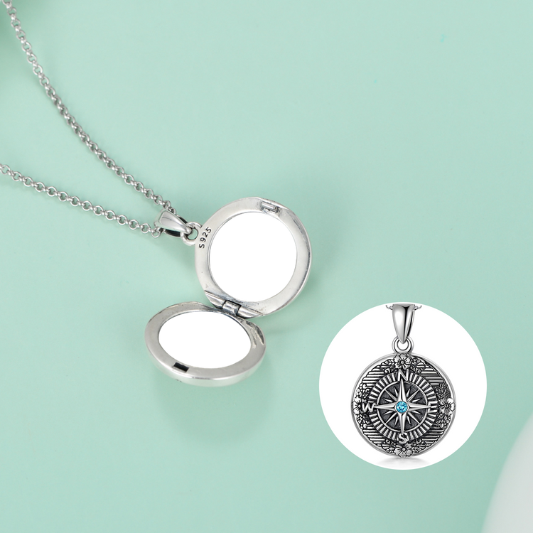925 Sterling Silver Compass Photo Locket Necklace Graduation Gifts