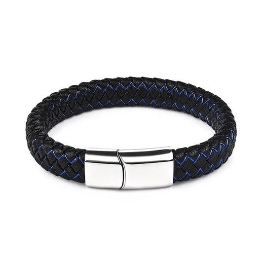 Punk Black Blue Braided Mens Leather Bracelet Stainless Steel Magnetic Clasp Bracelet, Father's Day Bracelet - onlyone