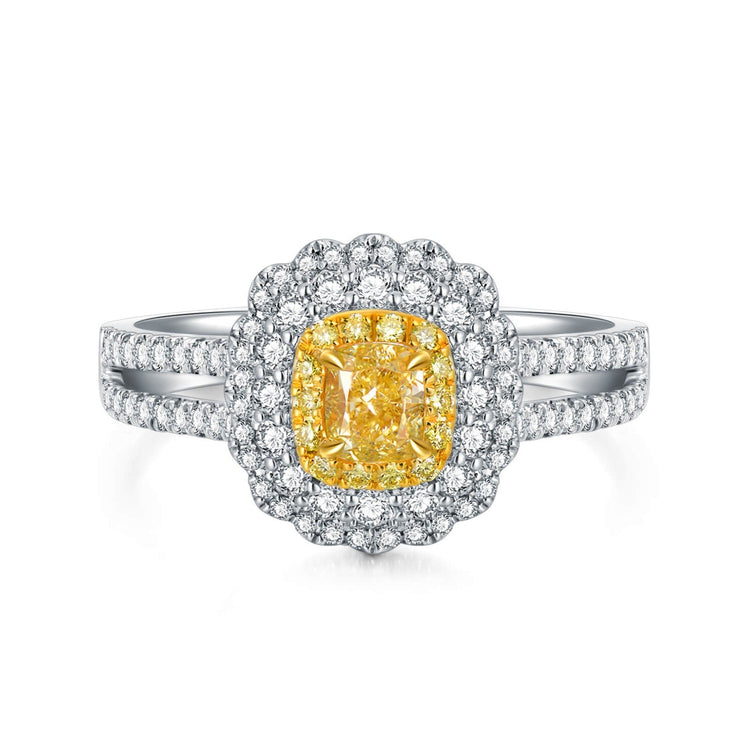 18K Vintage Halo Cushion Yellow Diamond Ring