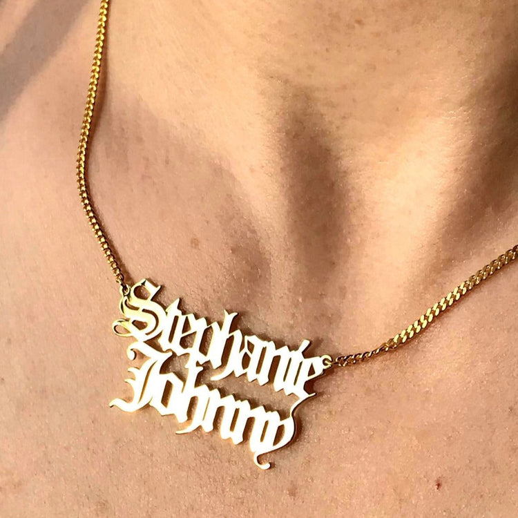 925 Sterling Silver Double Name Necklace In Old English Font