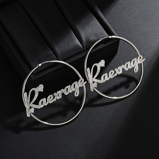 925 Sterling Silver Custom Hoop Diamond Heart Name Earrings