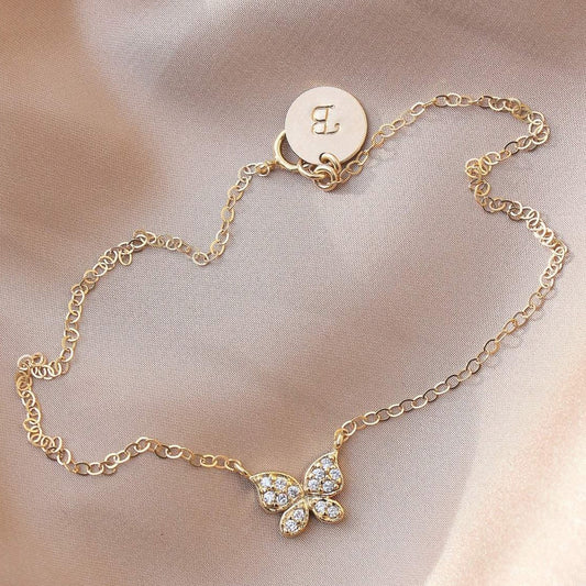 925 Sterling Silver Butterfly Anklet With A Personalized Custom Stamped Initial Disc - onlyone