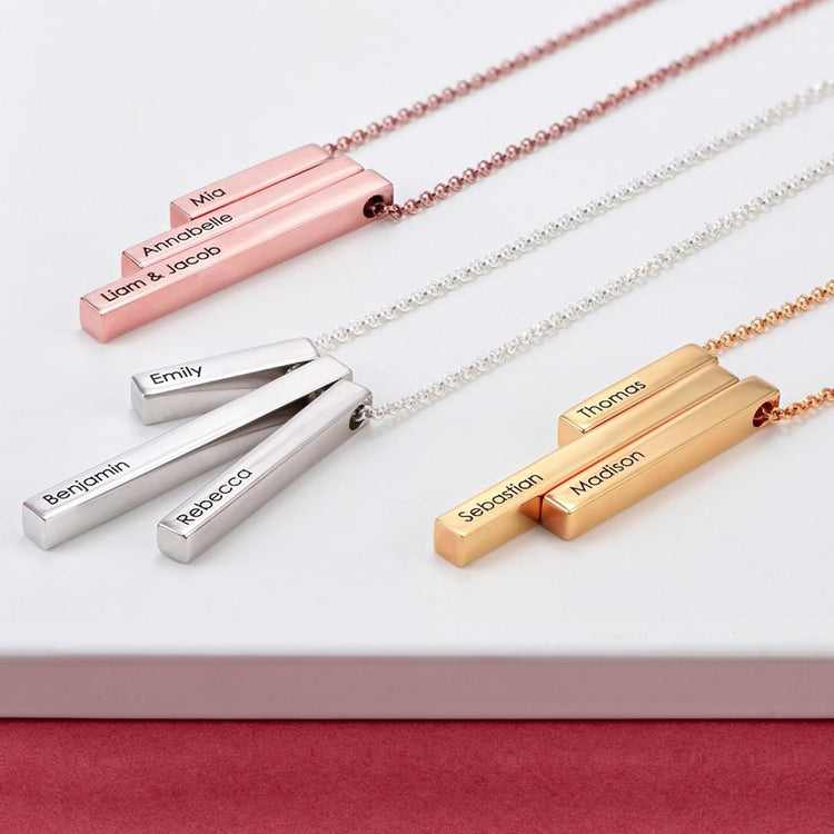 925 Sterling Silver Triple 3D Engraved Vertical Bar Necklace