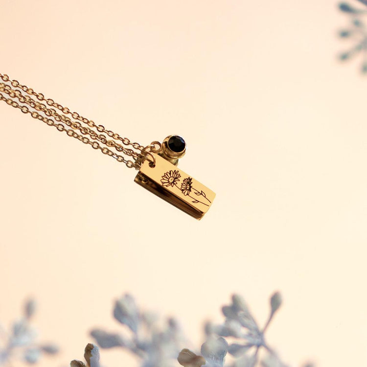925 Sterling Silver Birth Flower Engraved Vertical Bar Necklace With Birthstone