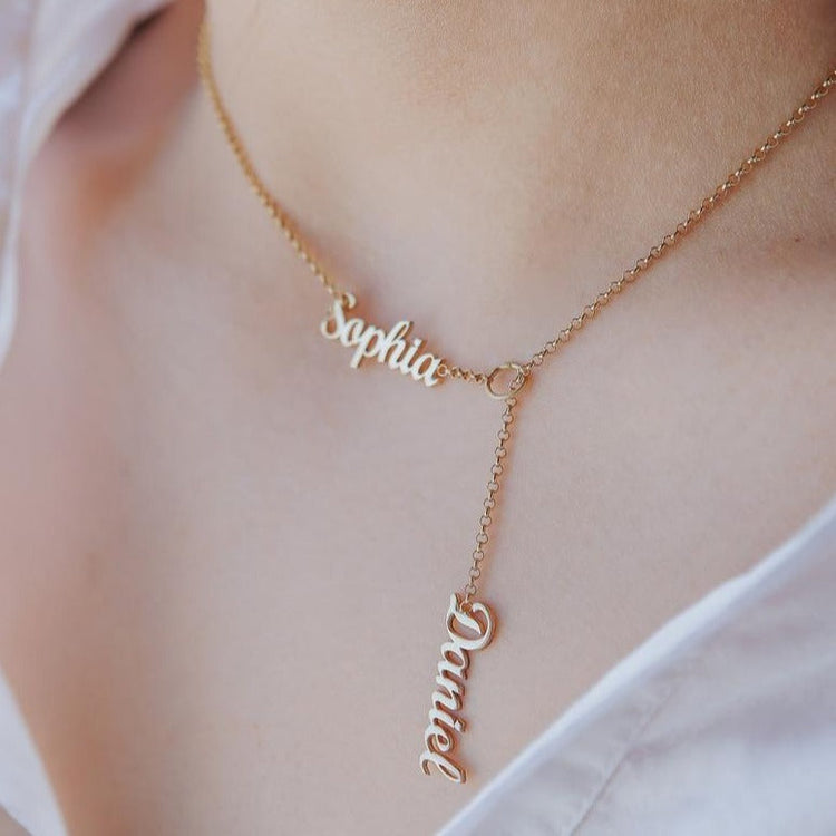 925 Sterling Silber Vertikales Lariat Multi Namen Y Stil Namensschild Halskette
