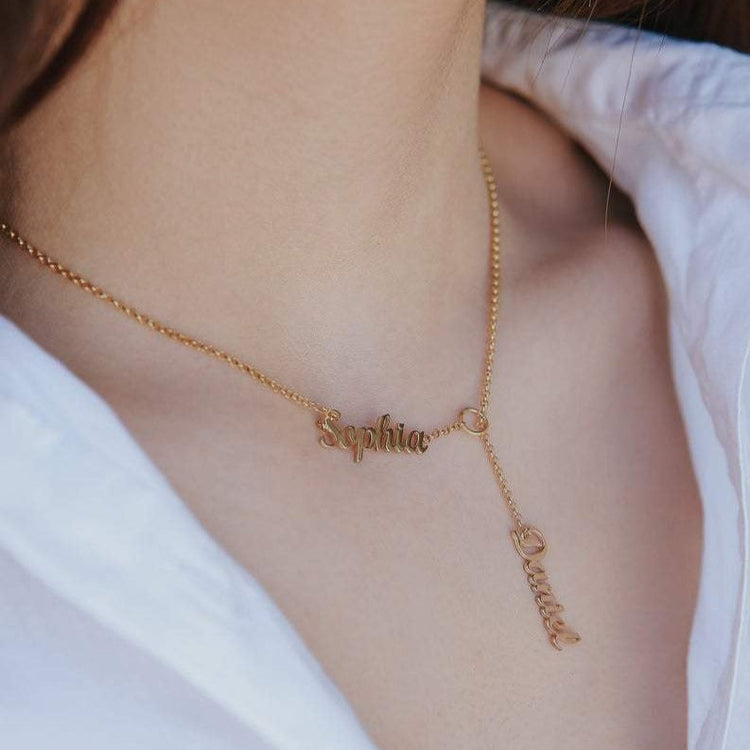 925 Sterling Silber Vertikales Lariat Multi Namen Y Stil Namensschild Halskette