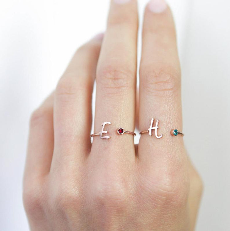 925 Sterling Silver Personalized Uppercase Letter Name Ring Nameplate Ring Birthstone Ring