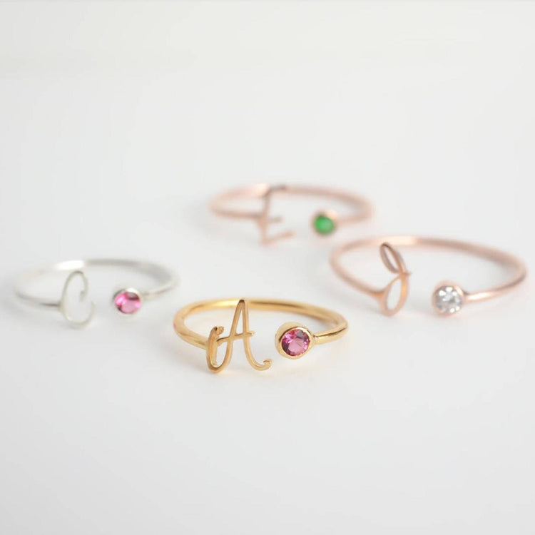 925 Sterling Silver Personalized Uppercase Letter Name Ring Nameplate Ring Birthstone Ring