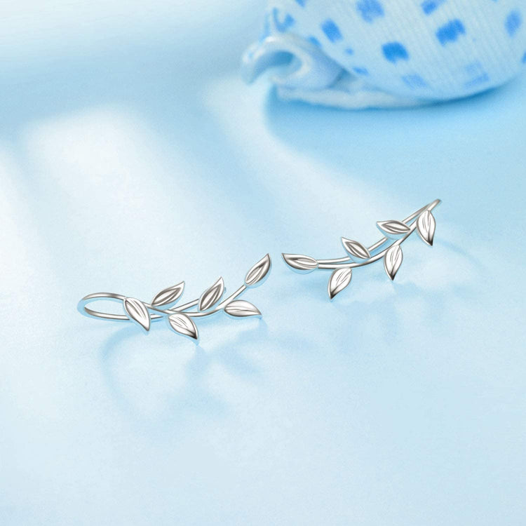 925 Sterling Silver Willow Leaf Ear Climber Crawler Cuff Earrings