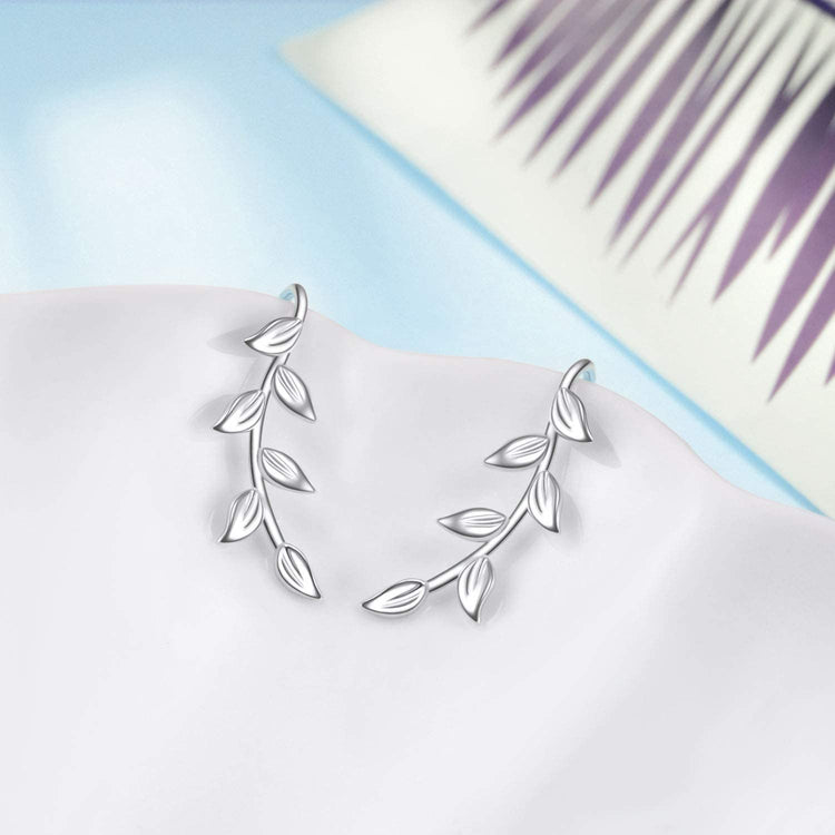 925 Sterling Silver Willow Leaf Ear Climber Crawler Cuff Earrings