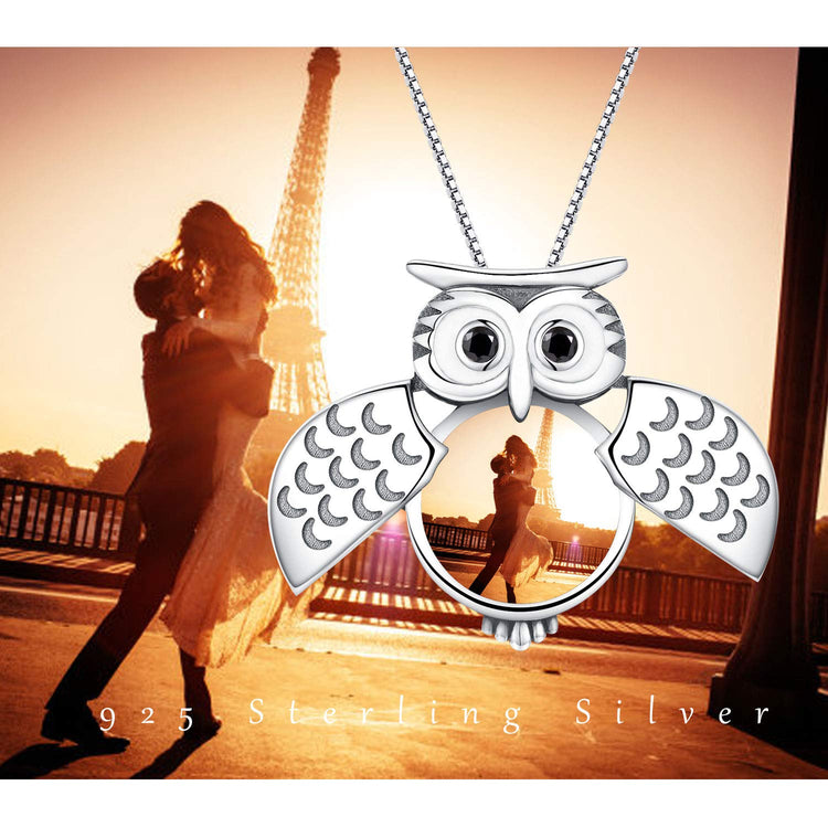 925 Sterling Silver Cute Wisdom Owl Round Photo Locket Necklace