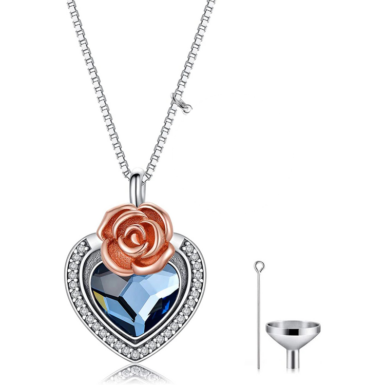PRAYBIRDS 925 Sterling Silver Heart Flower Urn Necklace for Ashes, Cremation Keepsake Necklace with Crystal