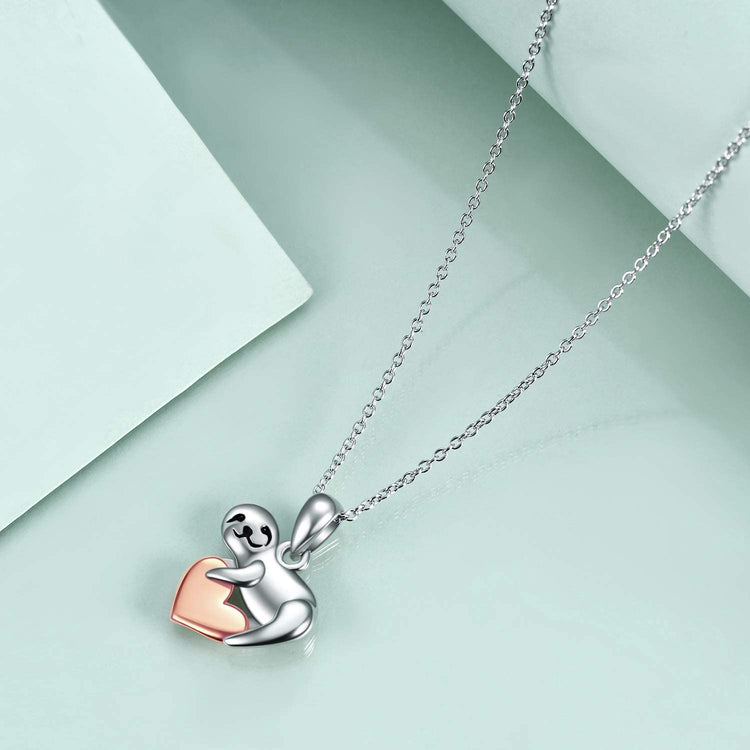 925 Sterling Silver Cute Animal Holds Heart Necklace