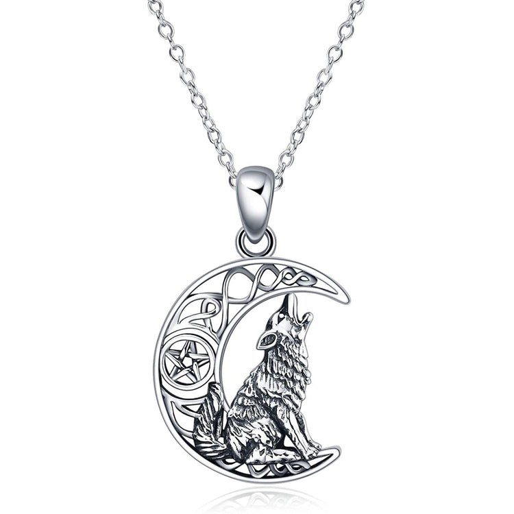 925 Sterling Silver Celtic Knot Crescent Moon Wolf Pendant Necklace