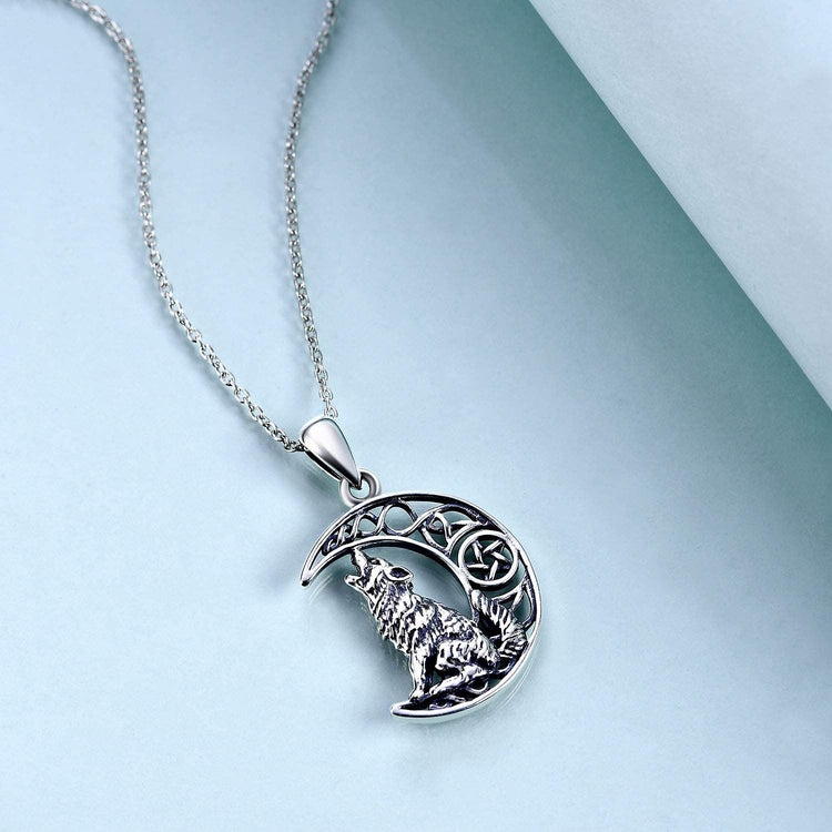 925 Sterling Silver Celtic Knot Crescent Moon Wolf Pendant Necklace