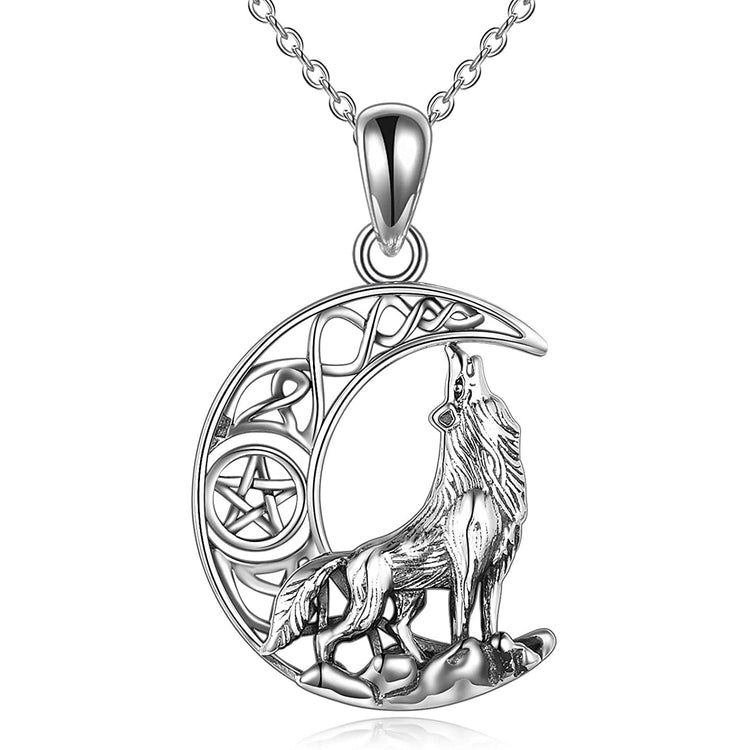925 Sterling Silver Celtic Knot Crescent Moon Wolf Pendant Necklace