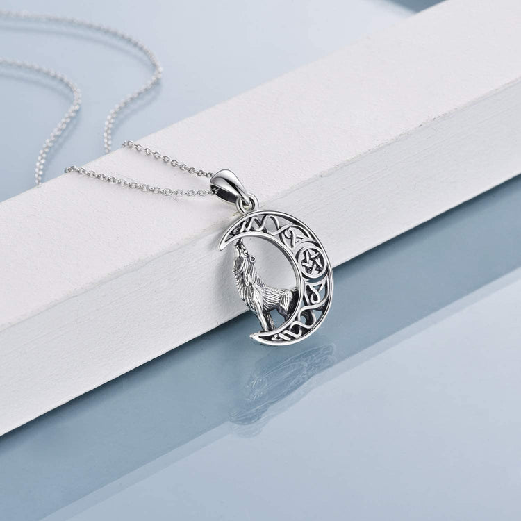 925 Sterling Silver Celtic Knot Crescent Moon Wolf Pendant Necklace