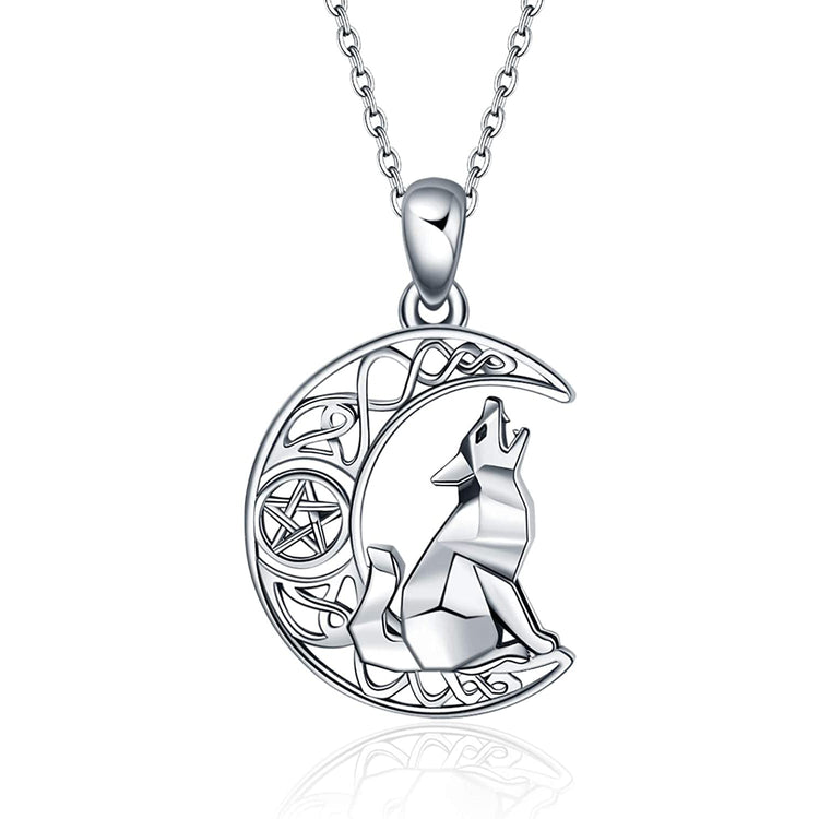 925 Sterling Silver Celtic Knot Crescent Moon Wolf Pendant Necklace