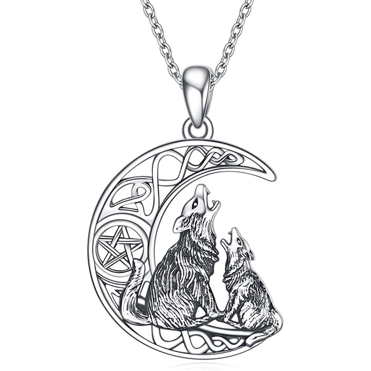 925 Sterling Silver Celtic Knot Crescent Moon Wolf Pendant Necklace