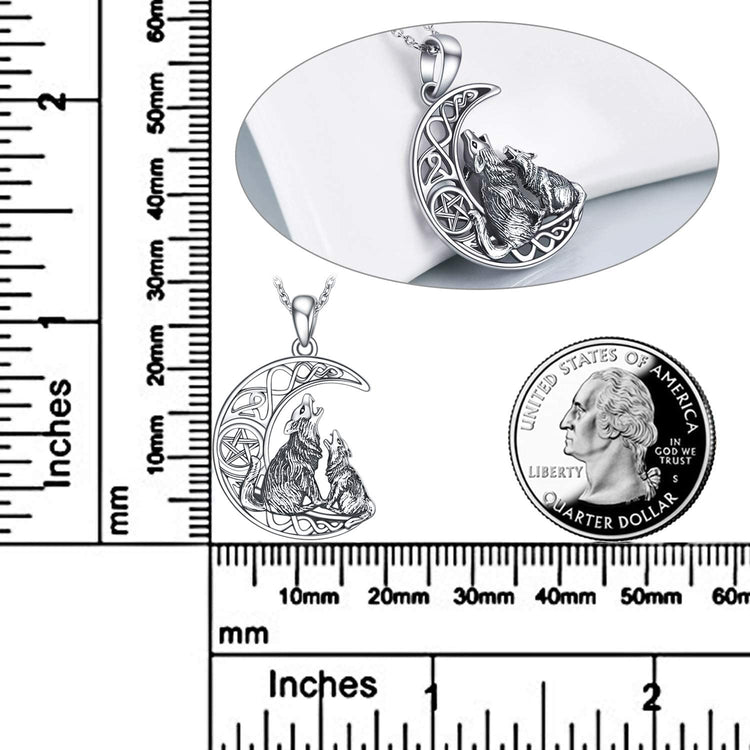 925 Sterling Silver Celtic Knot Crescent Moon Wolf Pendant Necklace