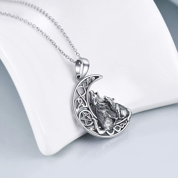 925 Sterling Silver Celtic Knot Crescent Moon Wolf Pendant Necklace