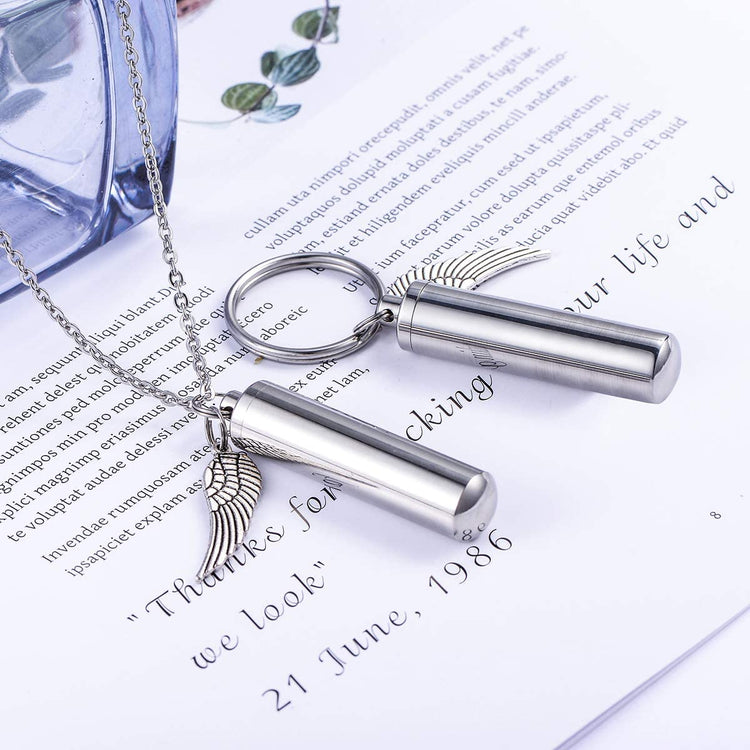 925 Sterling Silver Angel Wing Charm & Cylinder Memorial Urn Necklace Cremation Jewelry for Ashes