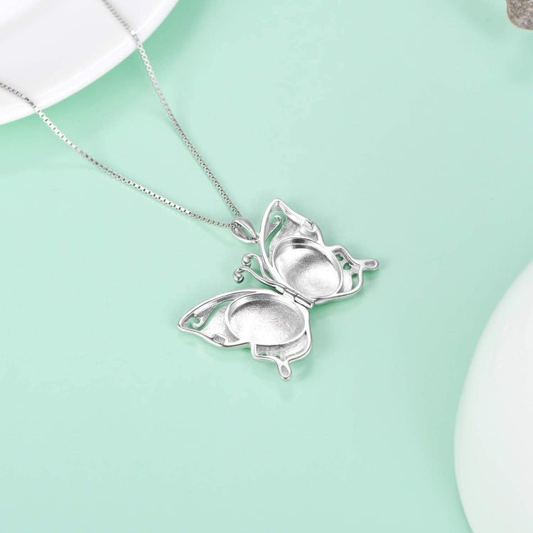 925 Sterling Silver Butterfly Round Photo Locket Necklace