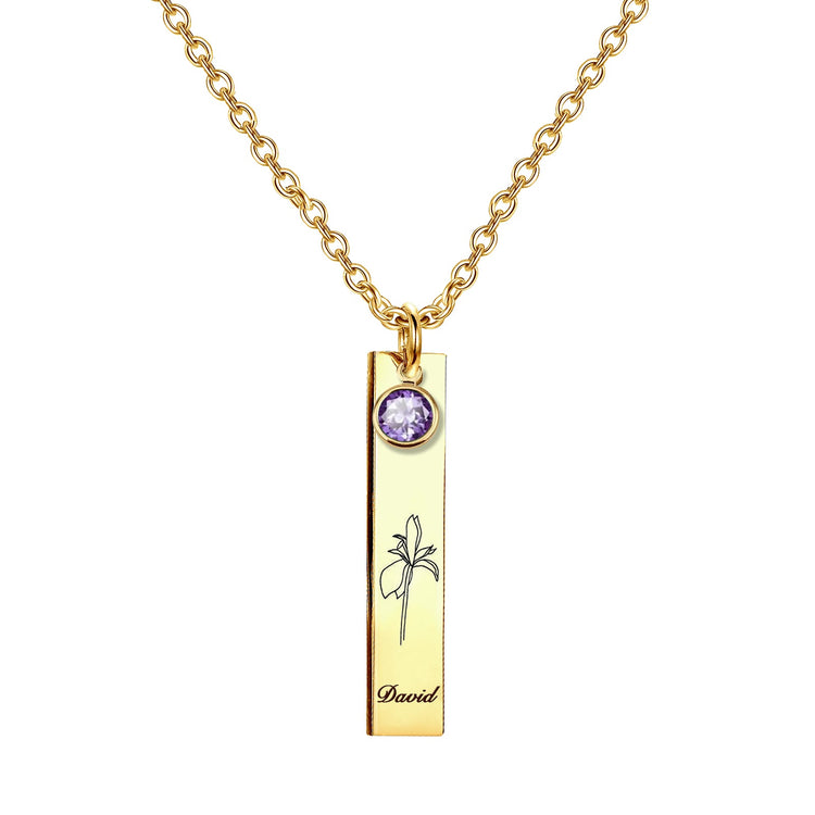 Collier en argent sterling 925 personnalisé avec nom et mois de naissance avec pierre de naissance verticale