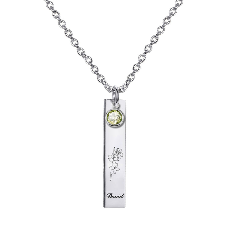 Collier en argent sterling 925 personnalisé avec nom et mois de naissance avec pierre de naissance verticale