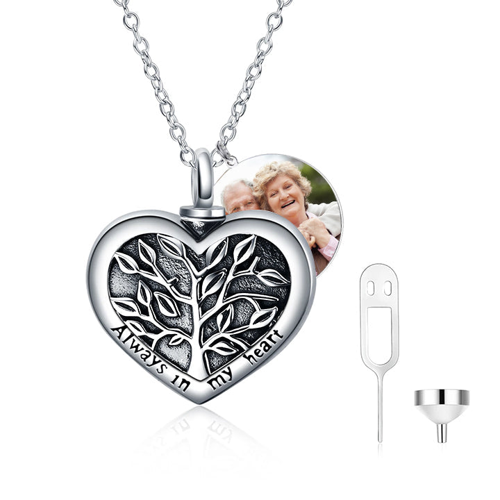 925 Sterling Silver Tree Of Life Heart Shaped Urn Photo Necklace For Ashes Cremation Jewelry for Ashes