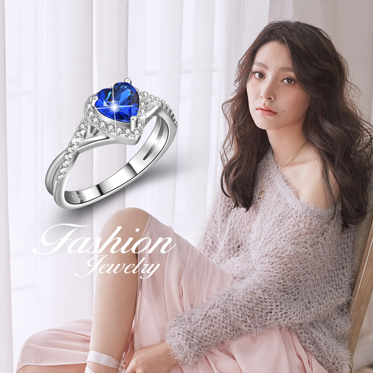 925 Sterling Silber Marineblau Herz Kristall Halo Zirkonia Ring für Sie