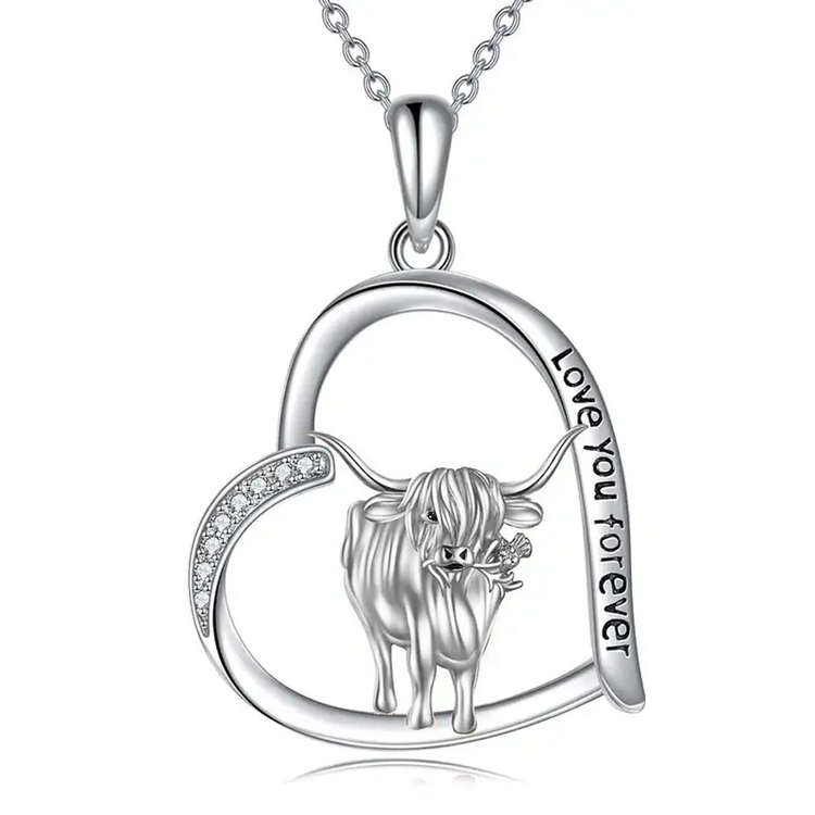 925 Sterling Silver Highland Cow Necklace Heart Cow Pendant Gifts For Women Girls