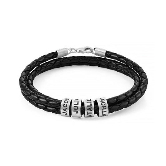 Men‘s Leather Bracelet with 925 Sterling Silver Custom Bead