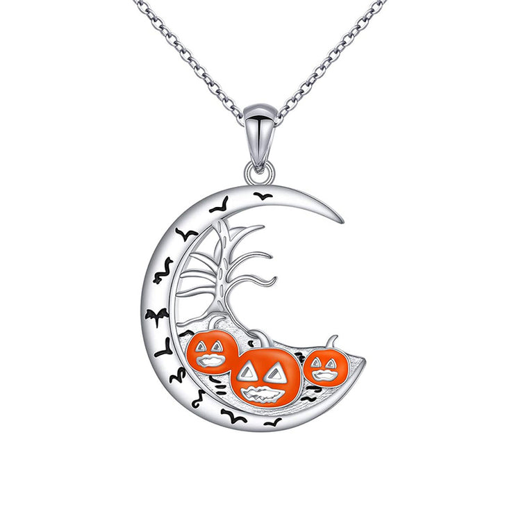 925 Sterling Silver Halloween Jewelry Moon and Pumpkin Pendant Necklace