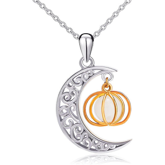 925 Sterling Silver Ladytree Halloween Jewelry  Moon and Pumpkin Bat Luminous Beads Glow Pendant Necklace